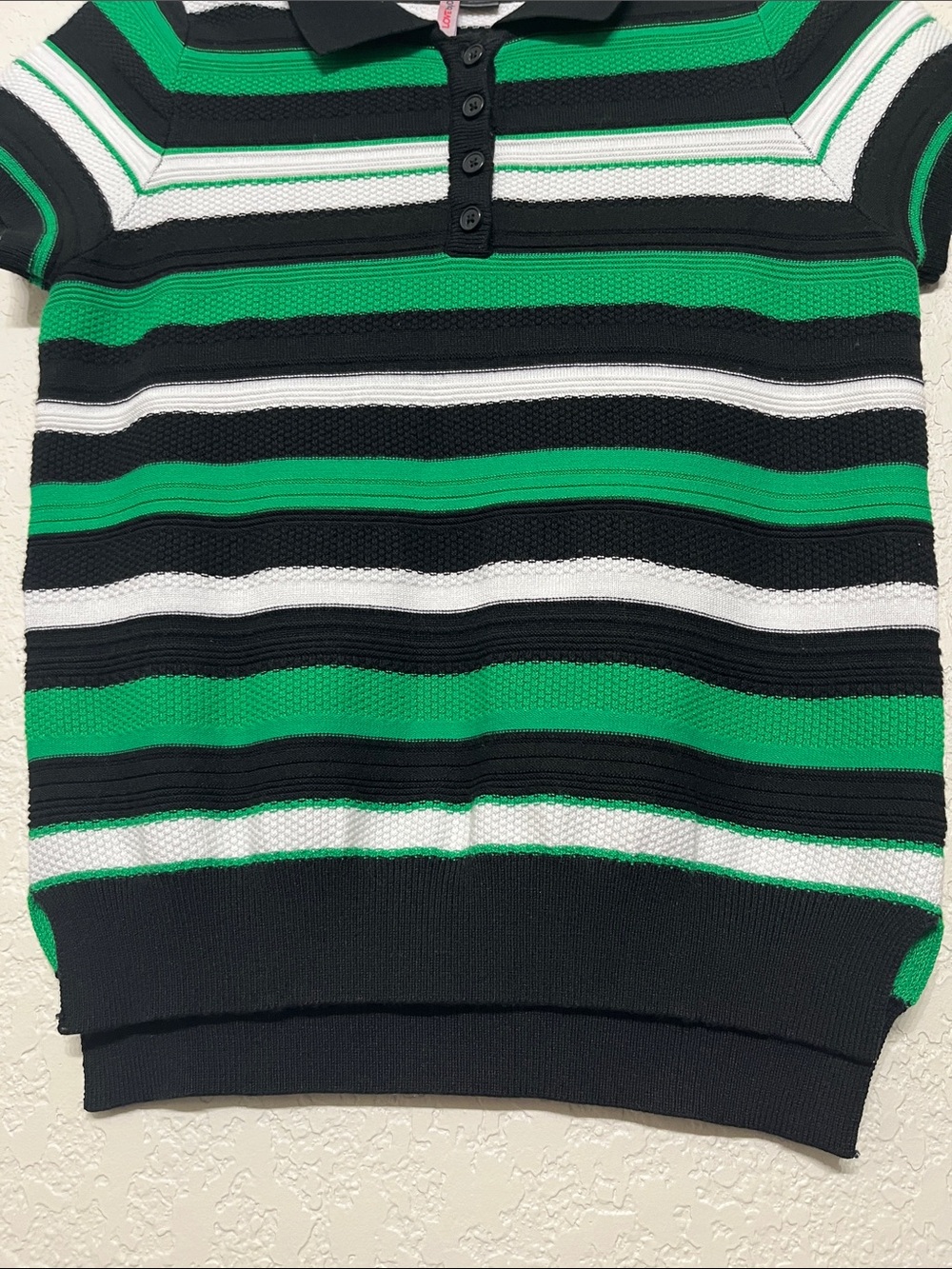 Love By Design Women’s Size Medium Knitted Green, Black & White Striped Polo Top - Picture 5 of 9
